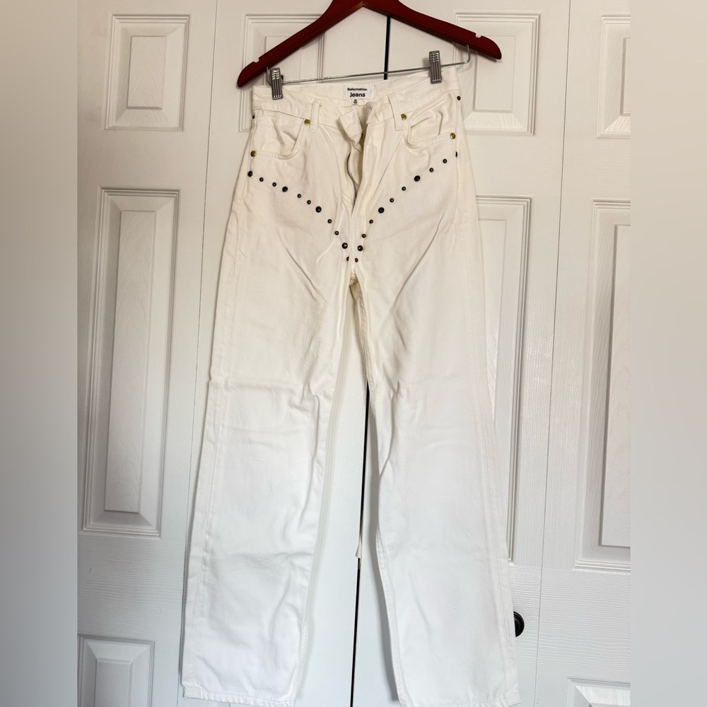 Reformation White Straight Leg Jeans with Stud Detail